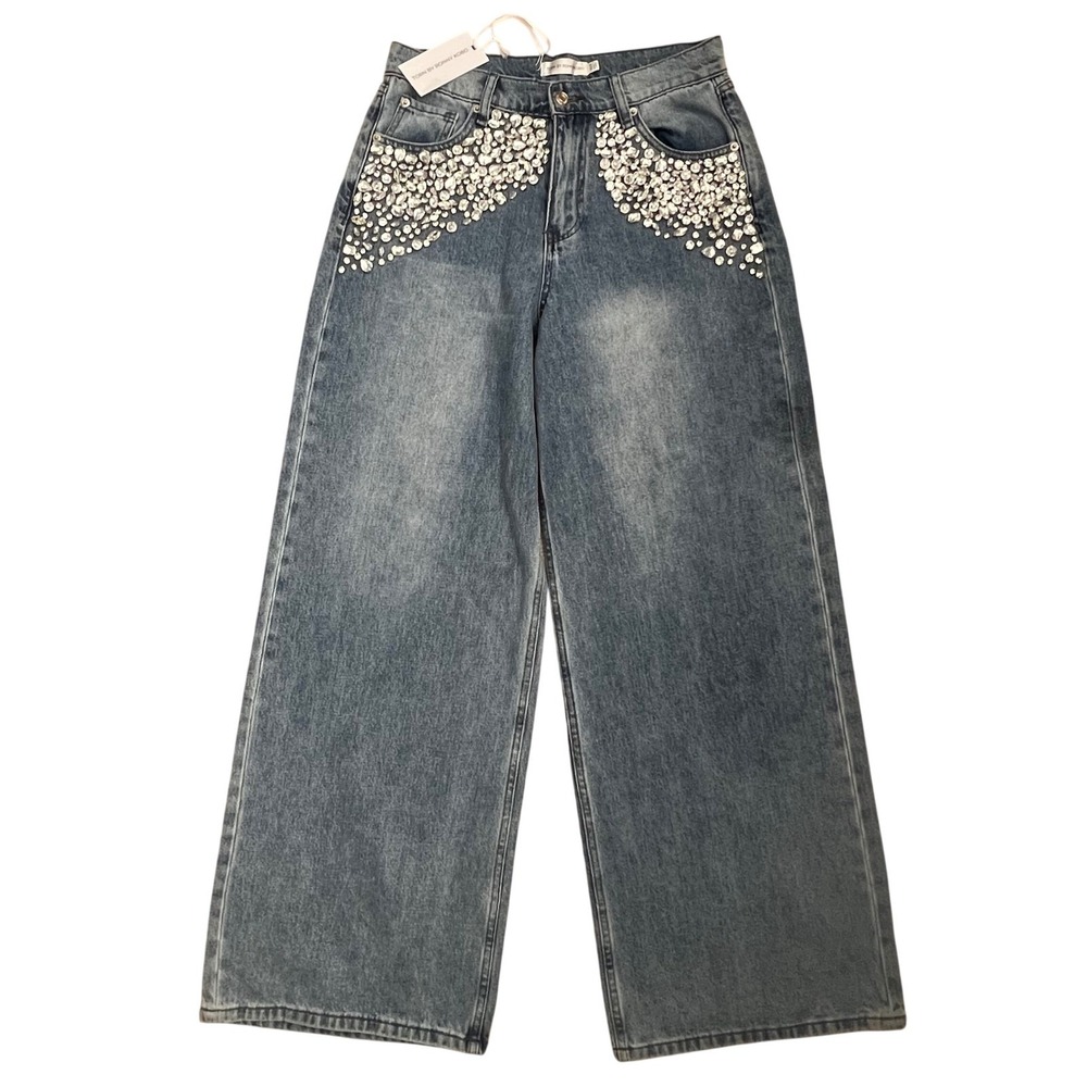 Torn by Ronny Kobo NWT Samirah Crystal Embellished Wide Leg Jeans Womens 28/6